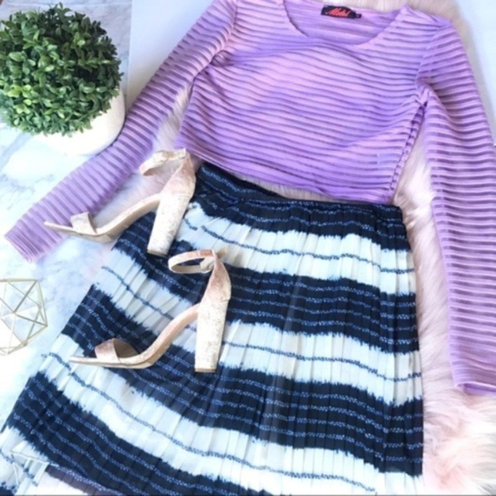 EUC MK Michael Kors Striped Blue Pleated Midi Skirt Size XS